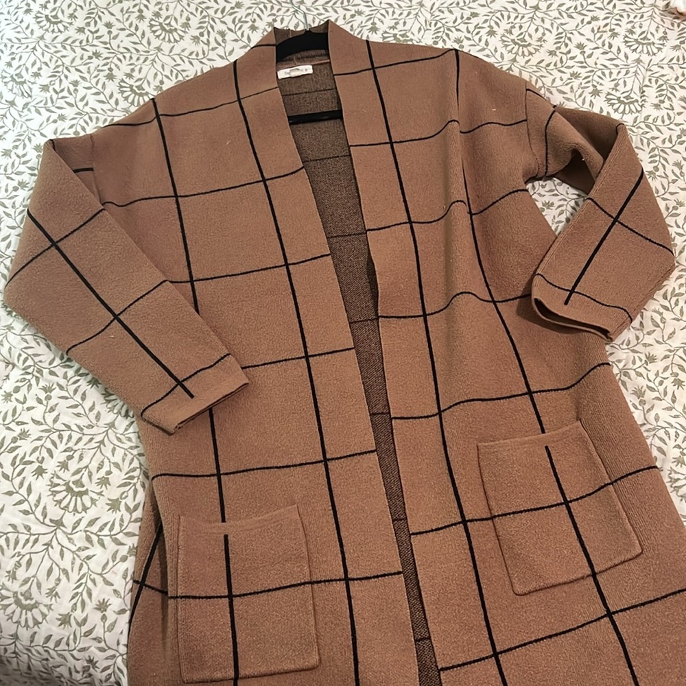 Camel and black window pane sweater coat